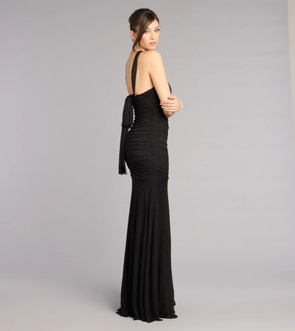 Sparkling Mermaid Halter Neck Sleeveless Ruched Slit Black Floor-Length Evening Gown
