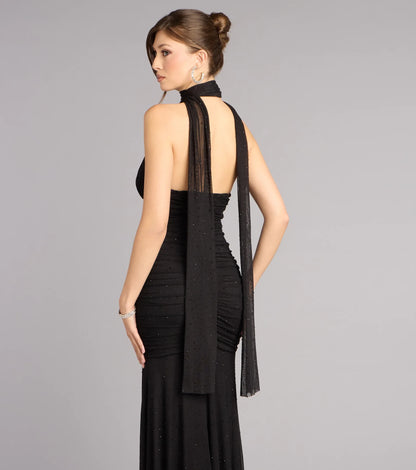 Sparkling Mermaid Halter Neck Sleeveless Ruched Slit Black Floor-Length Evening Gown