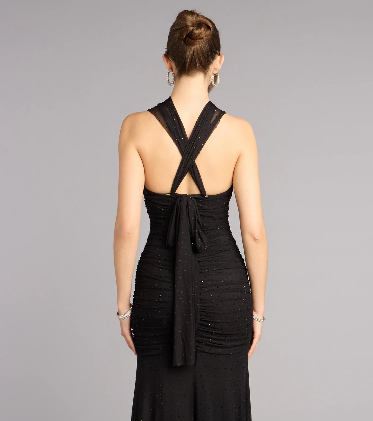 Sparkling Mermaid Halter Neck Sleeveless Ruched Slit Black Floor-Length Evening Gown