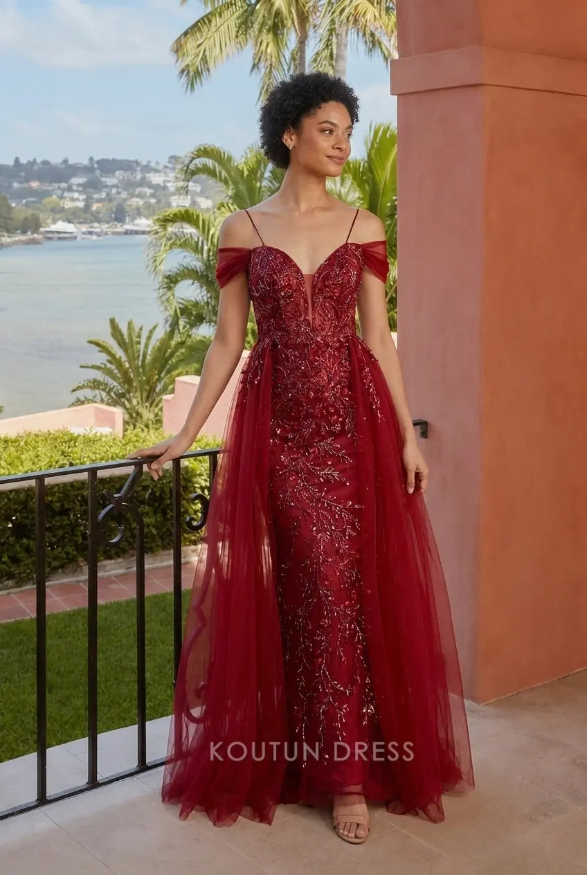 Sparkling Mermaid Sweetheart Off-Shoulder Beaded Illusion Burgundy Floor-Length Prom Dresses Gown