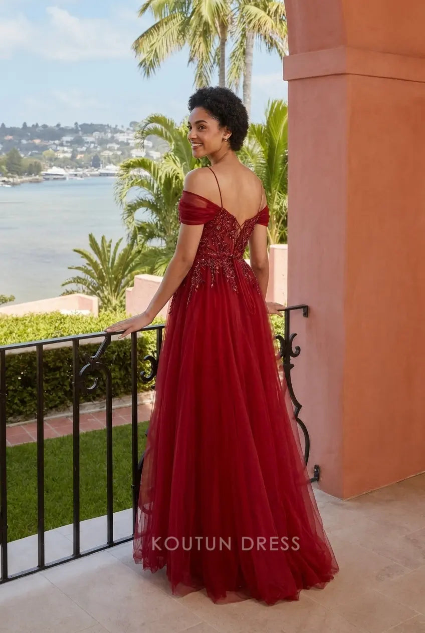 Sparkling Mermaid Sweetheart Off-Shoulder Beaded Illusion Burgundy Floor-Length Prom Dresses Gown