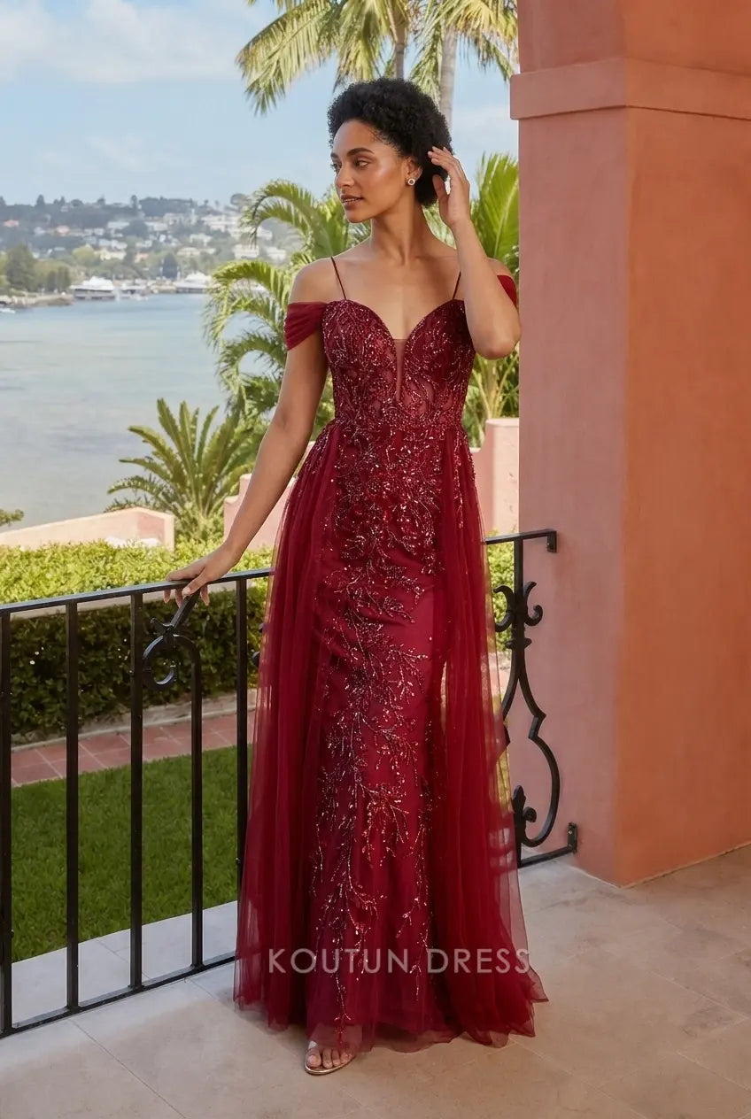 Sparkling Mermaid Sweetheart Off-Shoulder Beaded Illusion Burgundy Floor-Length Prom Dresses Gown