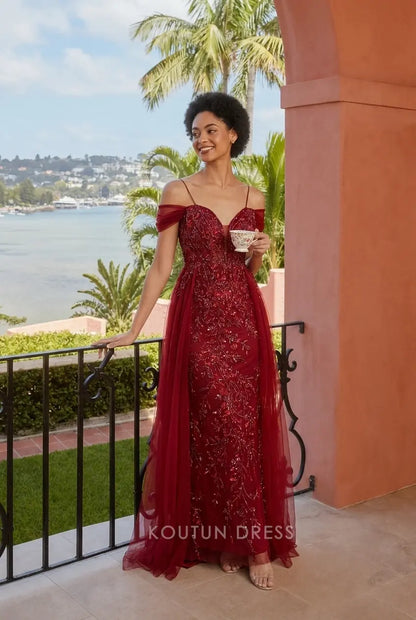 Sparkling Mermaid Sweetheart Off-Shoulder Beaded Illusion Burgundy Floor-Length Prom Dresses Gown