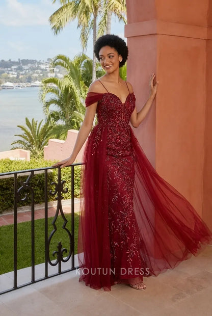Sparkling Mermaid Sweetheart Off-Shoulder Beaded Illusion Burgundy Floor-Length Prom Dresses Gown