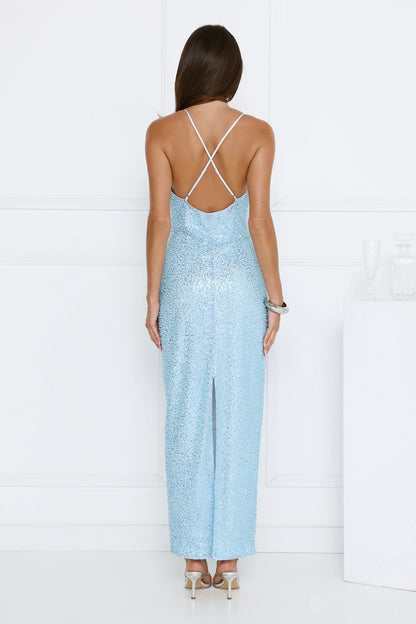 Sparkling Sheath Cowl Neck Sleeveless Sequin Backless Light Blue Prom Gown