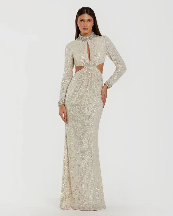 Sparkling Sheath High Neck Long Sleeve Sequin Cutout Nude-Silver Mother of the Bride Gown