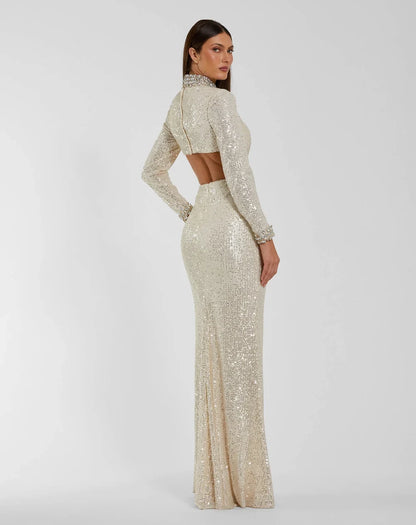 Sparkling Sheath High Neck Long Sleeve Sequin Cutout Nude-Silver Mother of the Bride Gown