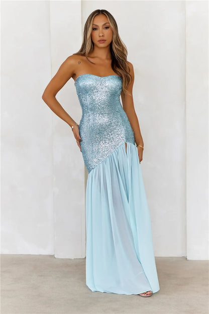 Sparkling Strapless Sequin Slit Light Blue Mermaid Floor-Length Prom Gown