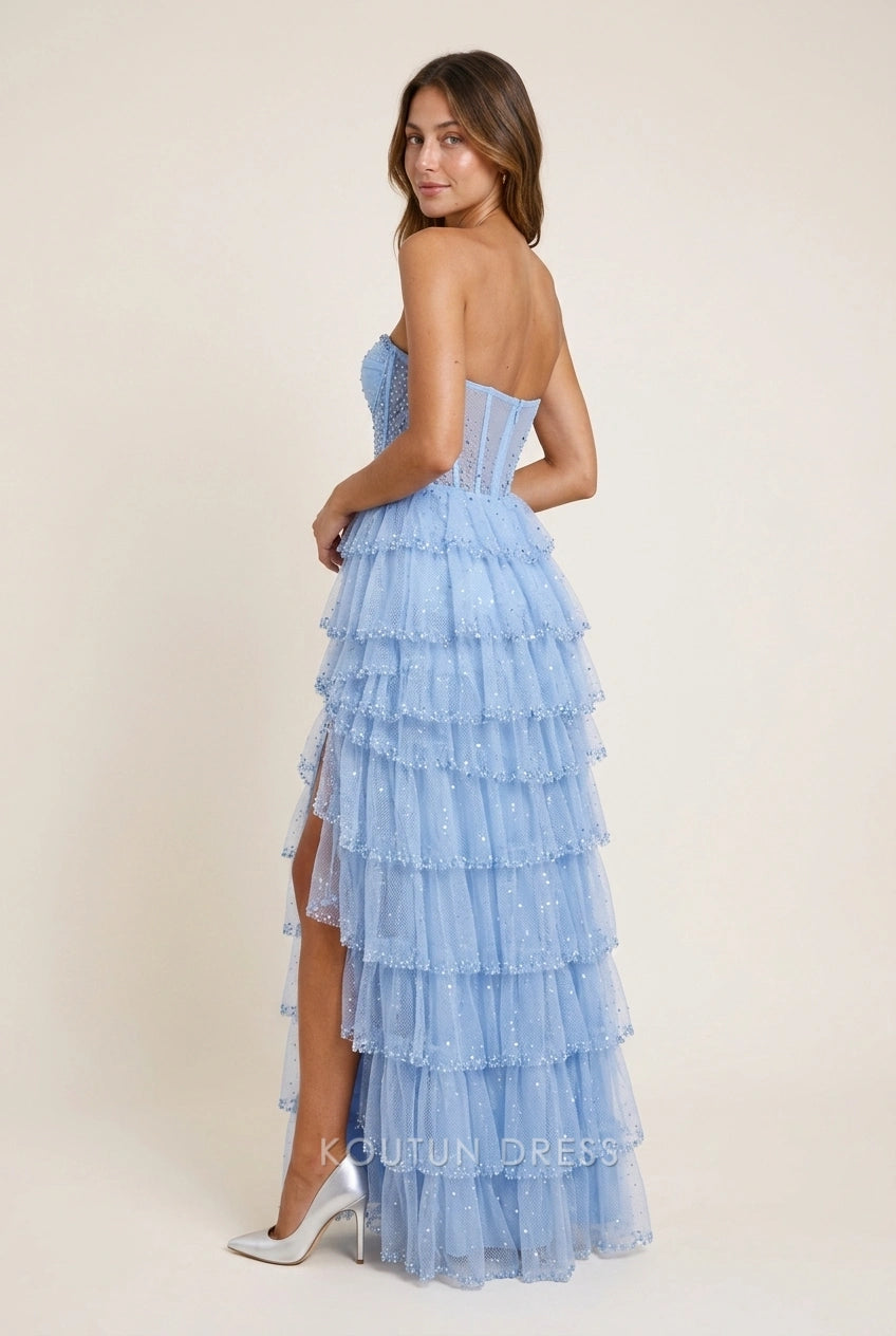 Sparkling Sweetheart Strapless Corset Tiered Light Blue Long Prom Dresses