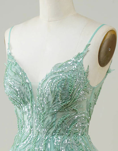 Side profile of the A-line green dress, highlighting the skirt.