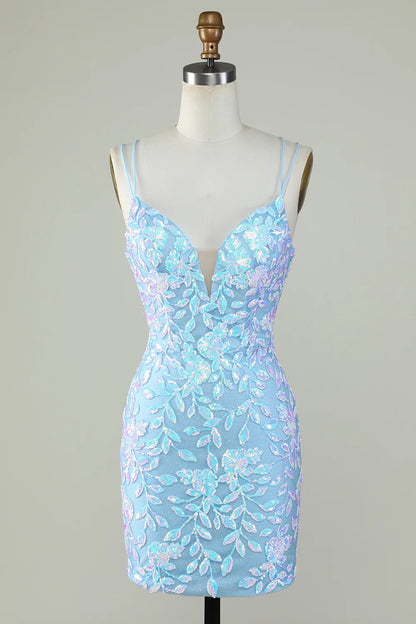 Light blue sparkly V-neck dress with lace-up back, front view.