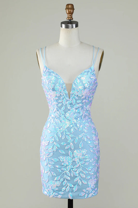 Light blue sparkly V-neck dress with lace-up back, front view.