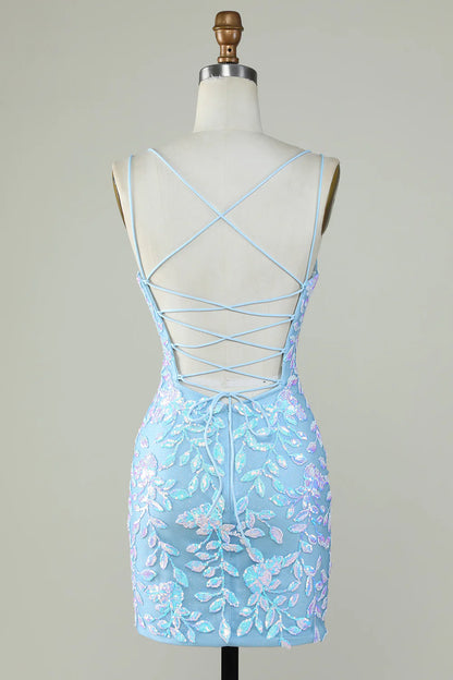 Light blue sparkly V-neck dress, side view, showing backless design.