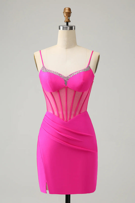 Fuchsia sparkly beaded corset short homecoming dress with slit.