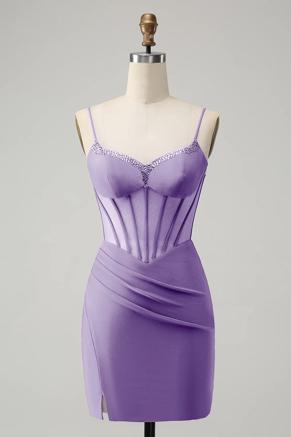 Full length view of fuchsia sparkly beaded short dress.