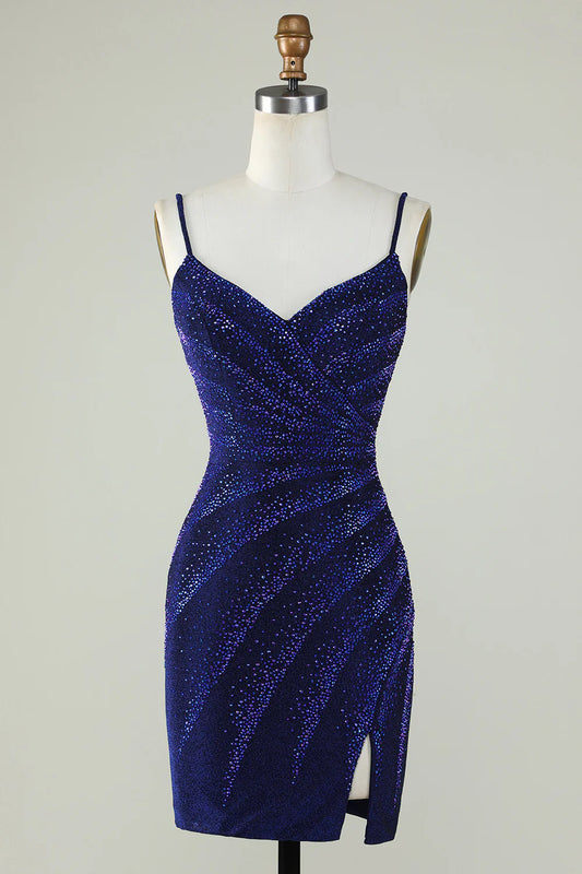 Front view of a royal blue sparkly beaded sheath dress with spaghetti straps.