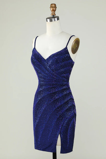 Close-up of the intricate beading and V-neckline on the royal blue dress.