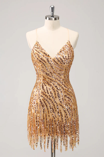 Elegant gold sequin bodycon dress with V-neck and fringes.