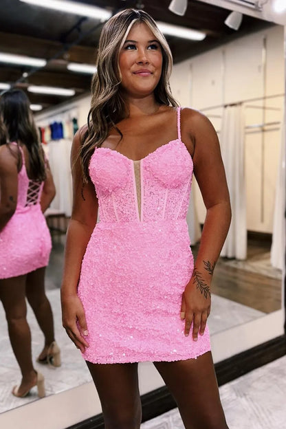 Pink sequin dress with spaghetti straps and a corset bodice, same style as the royal blue.