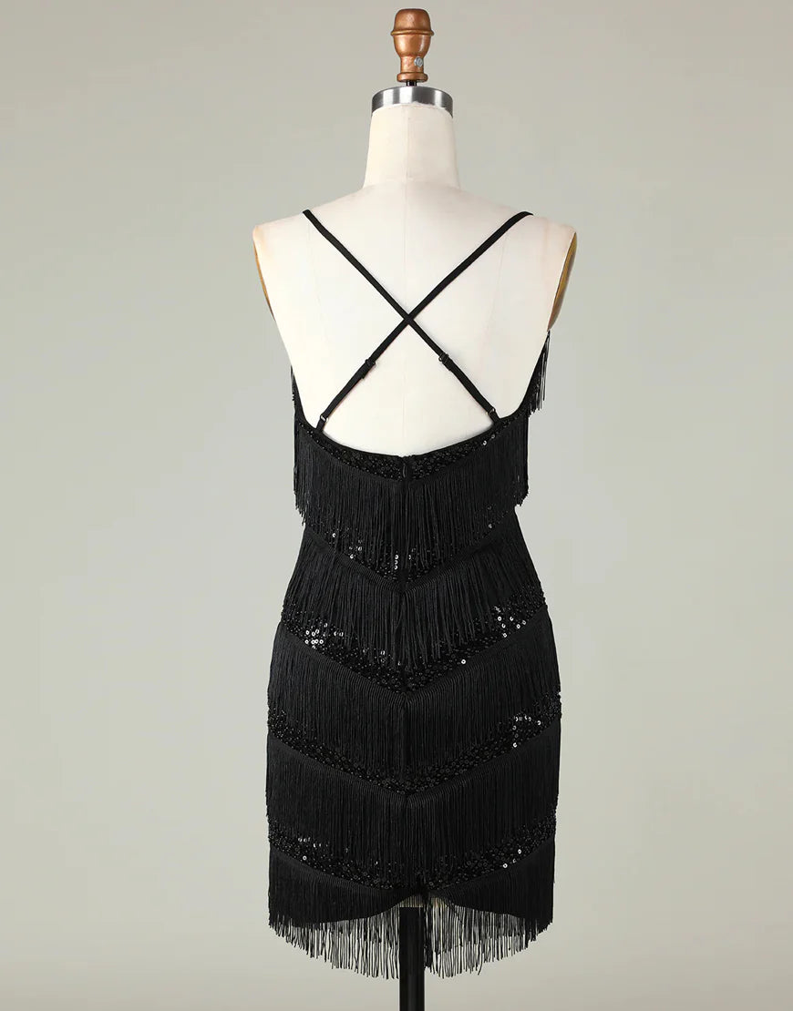 Back view of a black sparkly V-neck short homecoming dress with tassels.