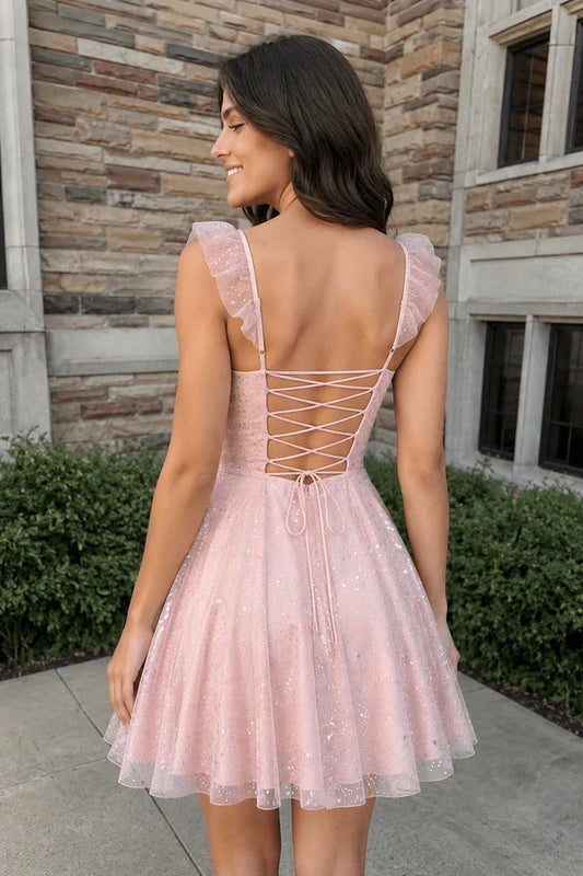 Sparkly A-Line Sweetheart Flutter Sleeve Pink Short Homecoming Dress For Teens