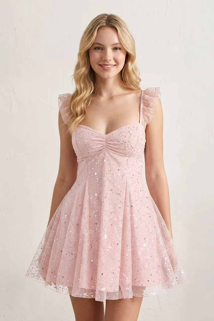 Sparkly A-Line Sweetheart Flutter Sleeve Pink Short Homecoming Dress For Teens