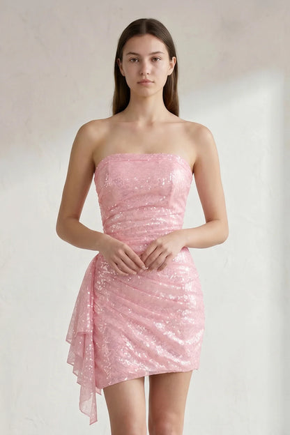 Sparkly Sheath Strapless Sleeveless Sequin Ruched Pink Short Homecoming Dress For Women