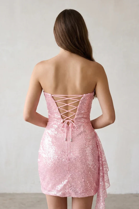 Sparkly Sheath Strapless Sleeveless Sequin Ruched Pink Short Homecoming Dress For Women