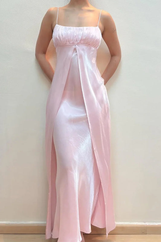 Square Neck Blush Pink Satin Evening Dresses with Spaghetti Straps and Front Slit.