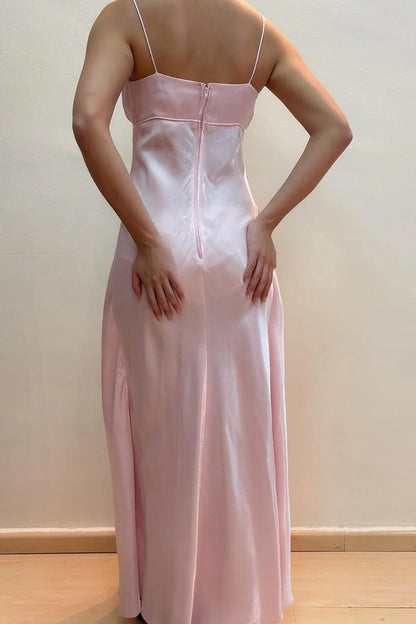 Square Neck Blush Pink Satin Evening Dresses with Spaghetti Straps and Front Slit.