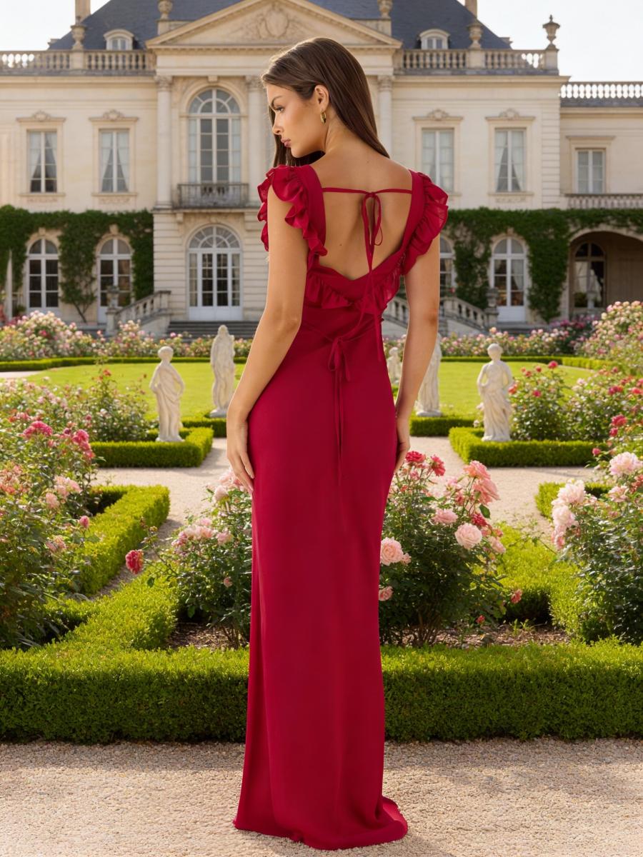 Square Neck Ruffle Strap Tie Back Ruched Slim Fit Burgundy Mermaid Evening Gown