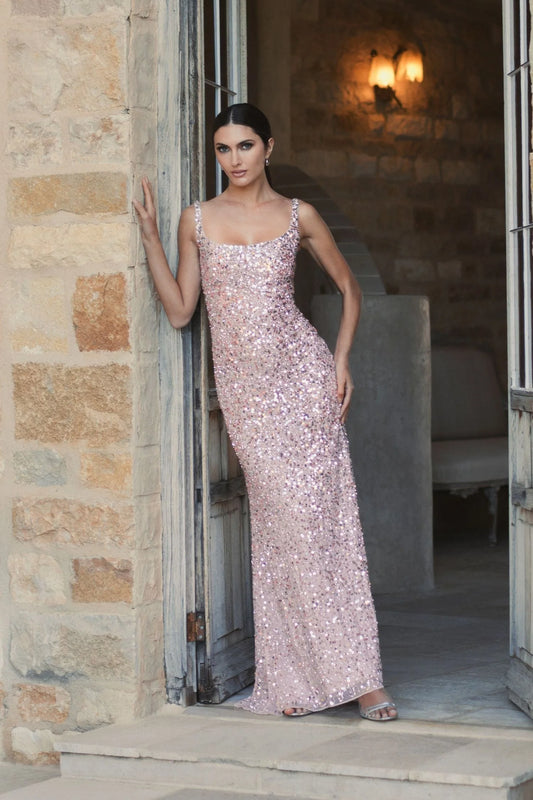 Square Neck Spaghetti Strap All-Over Sequin Blush Pink Mermaid Prom Dresses