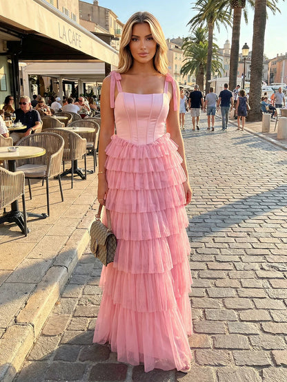 Square Neck Tie Shoulder Satin Corset Lace Up Back Tiered Ruffle Tulle Blush Pink Maxi Gown