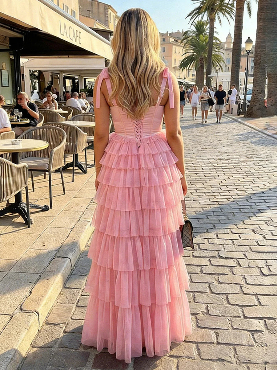 Square Neck Tie Shoulder Satin Corset Lace Up Back Tiered Ruffle Tulle Blush Pink Maxi Gown