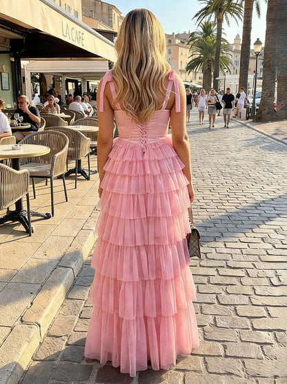 Square Neck Tie Shoulder Satin Corset Lace Up Back Tiered Ruffle Tulle Blush Pink Maxi Gown