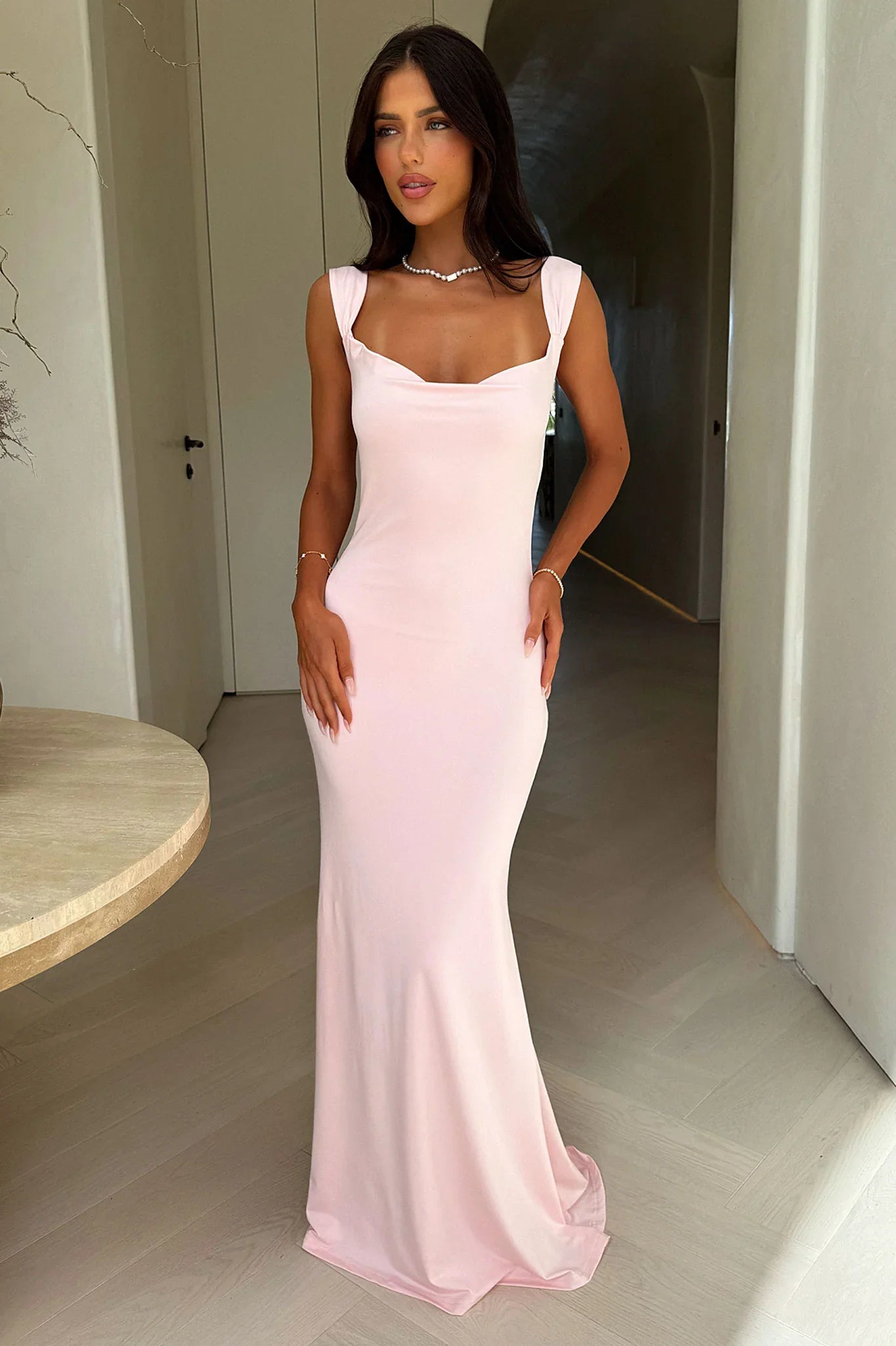 Square Neck Twist Strap Open Back Blush Pink Knit Mermaid Prom Dresses