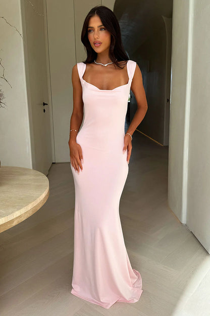Square Neck Twist Strap Open Back Blush Pink Knit Mermaid Prom Dresses