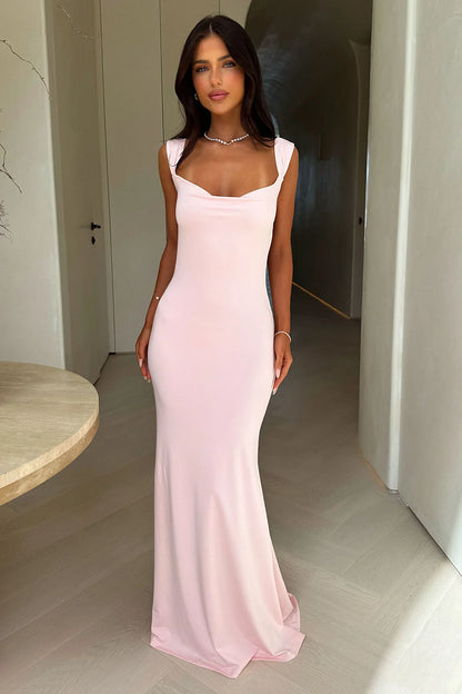 Square Neck Twist Strap Open Back Blush Pink Knit Mermaid Prom Dresses