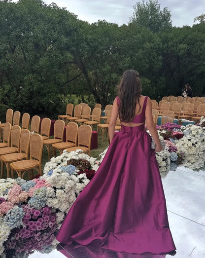 Square Neck Wide Strap Fitted Bodice Open Back Satin Ball Gown Train Prom Dresses