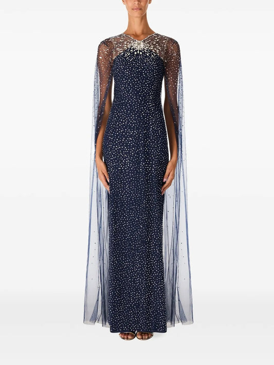 Starry Night Navy Blue Crystal-Embellished Cape-Sleeve Gown