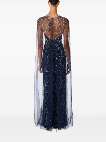 Starry Night Navy Blue Crystal-Embellished Cape-Sleeve Gown