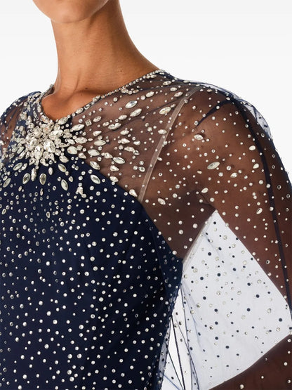 Starry Night Navy Blue Crystal-Embellished Cape-Sleeve Gown