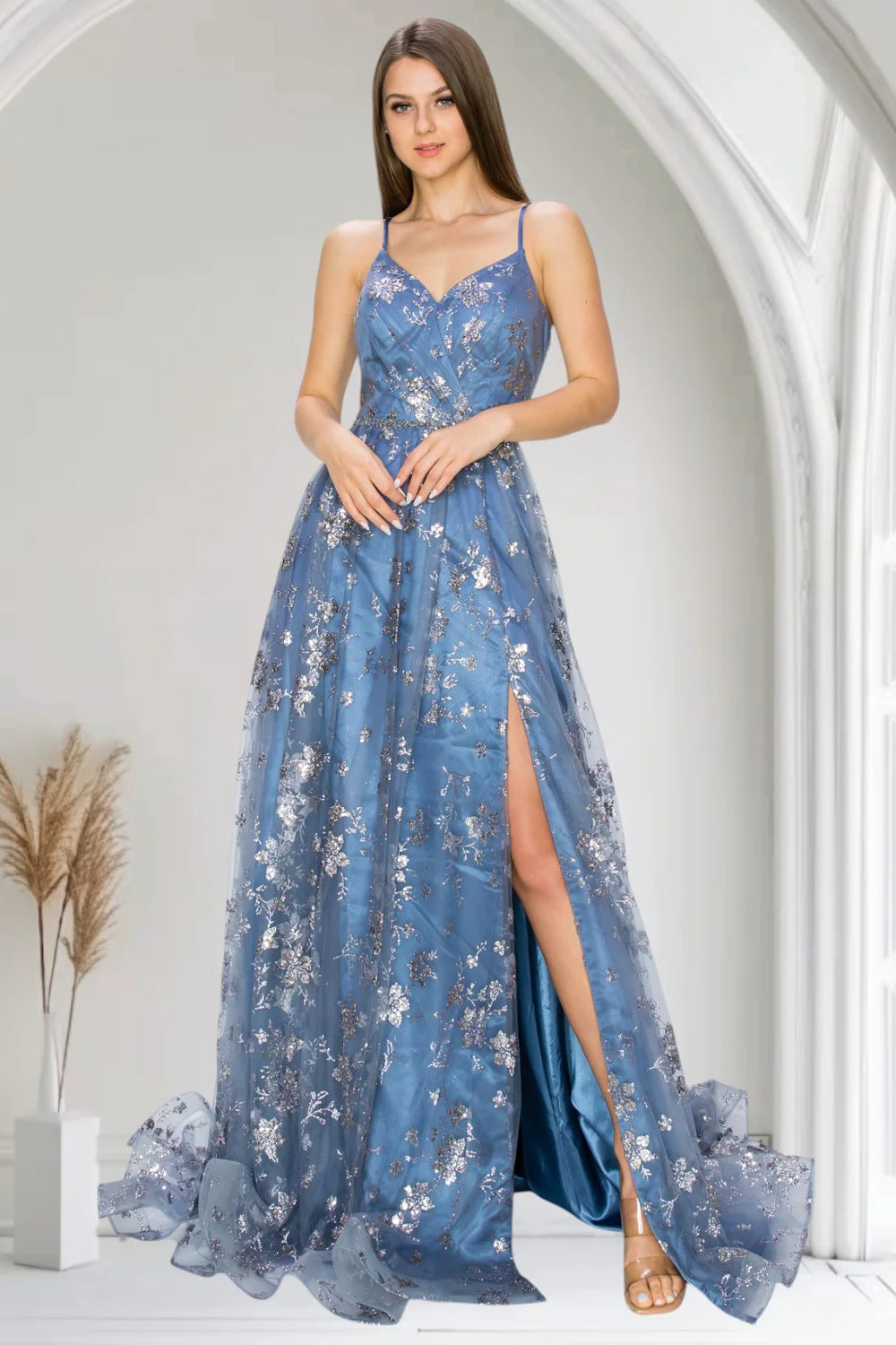 Steel Blue Glitter Tulle Maxi Prom Dresses with Spaghetti Strap Floral Sequin Print Lace-Up Back High Slit Train for Prom and Red Carpet