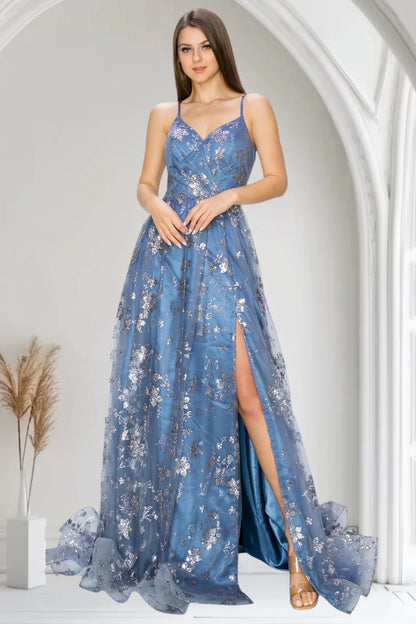 Steel Blue Glitter Tulle Maxi Prom Dresses with Spaghetti Strap Floral Sequin Print Lace-Up Back High Slit Train for Prom and Red Carpet