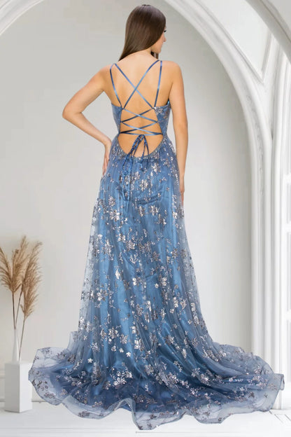 Steel Blue Glitter Tulle Maxi Prom Dresses with Spaghetti Strap Floral Sequin Print Lace-Up Back High Slit Train for Prom and Red Carpet