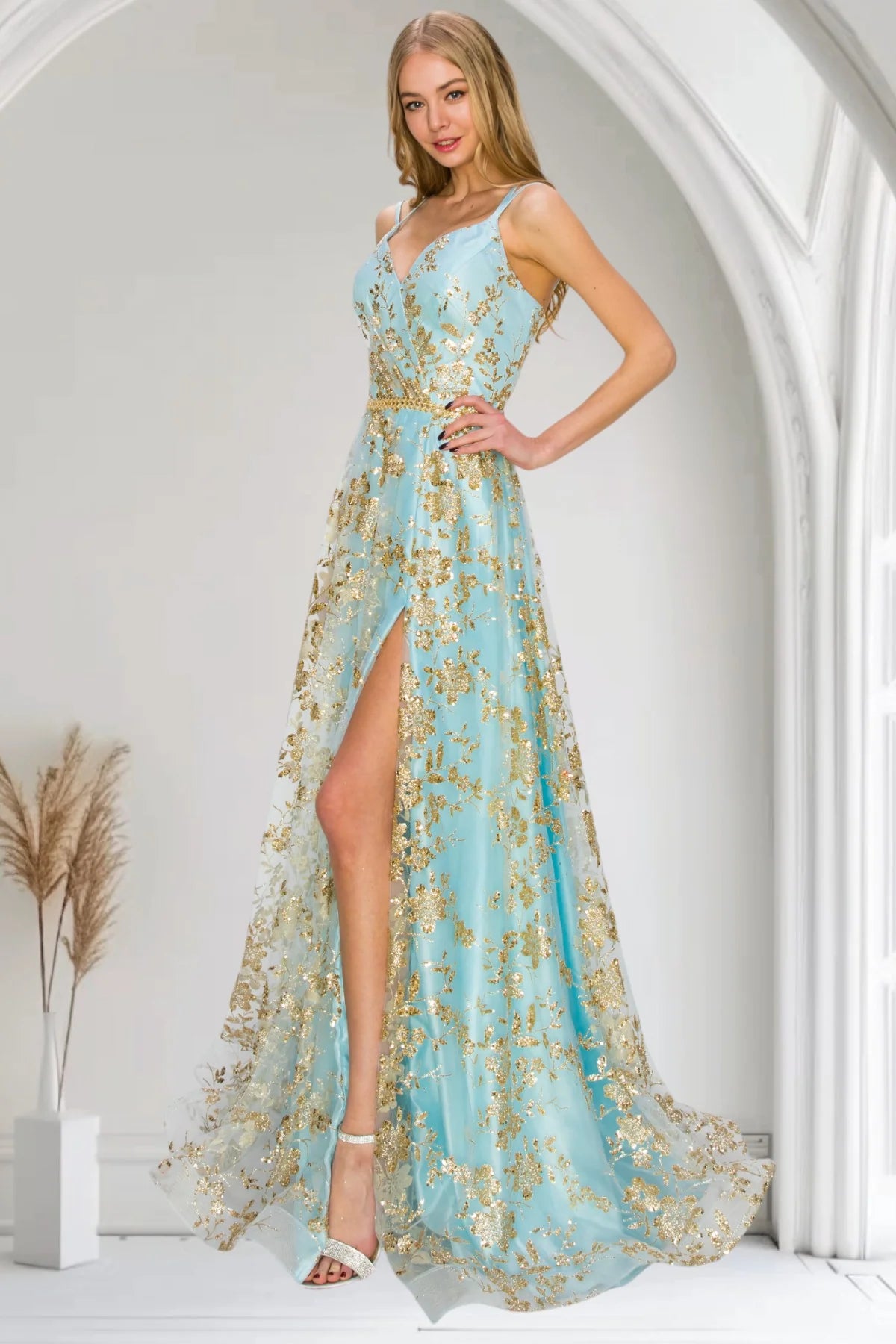 Steel Blue Glitter Tulle Maxi Prom Dresses with Spaghetti Strap Floral Sequin Print Lace-Up Back High Slit Train for Prom and Red Carpet