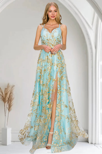 Steel Blue Glitter Tulle Maxi Prom Dresses with Spaghetti Strap Floral Sequin Print Lace-Up Back High Slit Train for Prom and Red Carpet