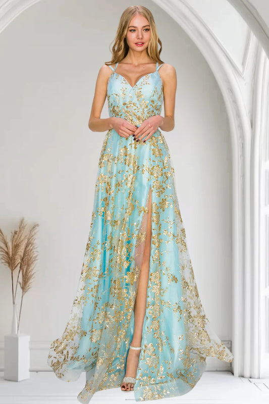 Steel Blue Glitter Tulle Maxi Prom Dresses with Spaghetti Strap Floral Sequin Print Lace-Up Back High Slit Train for Prom and Red Carpet