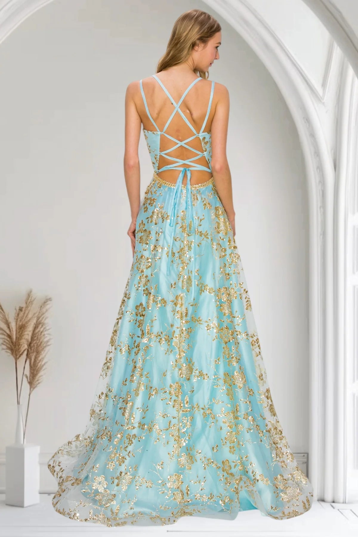 Steel Blue Glitter Tulle Maxi Prom Dresses with Spaghetti Strap Floral Sequin Print Lace-Up Back High Slit Train for Prom and Red Carpet