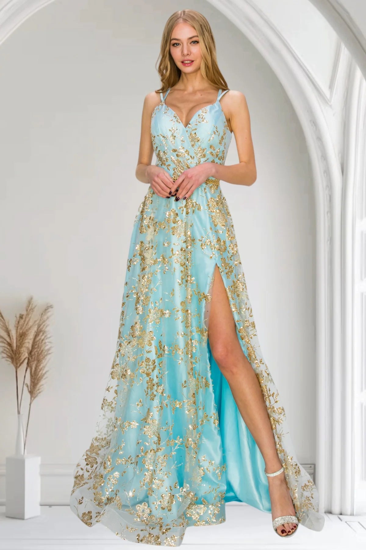 Steel Blue Glitter Tulle Maxi Prom Dresses with Spaghetti Strap Floral Sequin Print Lace-Up Back High Slit Train for Prom and Red Carpet